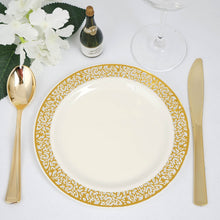 Ivory 7 Inch Plastic Dessert Appetizer Plates With Gold Lace Rim 10 Pack Disposable