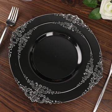 10 Pack Plastic Dessert Salad Plates In Vintage Black, Silver Leaf Embossed Baroque Disposable Plates 8" Round