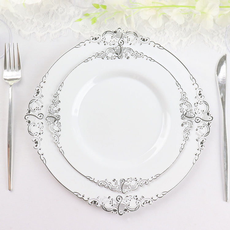 8 Inch Round Baroque Style Vintage White and Silver Leaf Embossed Disposable Plastic Plates 10 Pack