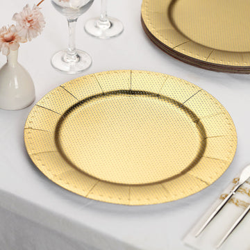 10 Pack | Gold Disposable 13" Charger Plates, Cardboard Serving Tray, Round with Glitter Texture Dotted Rims - 1100 GSM