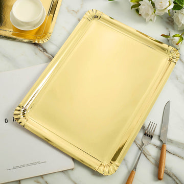 10 Pack | Metallic Gold 15" Paper Cardboard Serving Trays, Rectangle Party Platters With Scalloped Rim - 400 GSM
