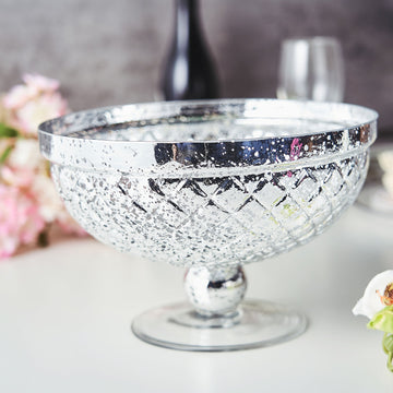 Silver Mercury Glass Compote Vase, Pedestal Bowl Centerpiece 10"