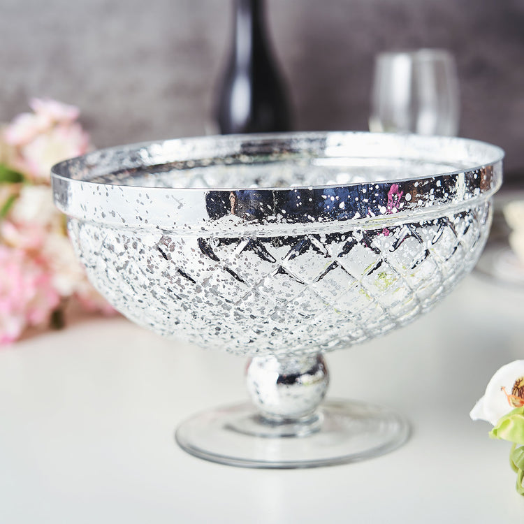 10 Inch Silver Mercury Glass Compote Vase Pedestal Bowl Centerpiece