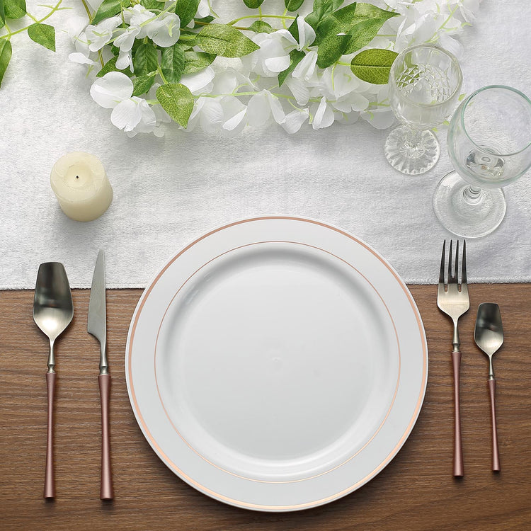 10 Pack | 10" Très Chic Rose Gold Rim White Plastic Dinner Plates, Disposable Party Plates