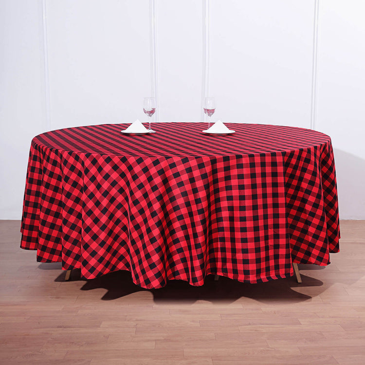 Round Black and Red Checkered Gingham Polyester Tablecloth 108 Inch