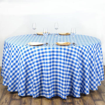 White/Blue Seamless Buffalo Plaid Round Tablecloth, Checkered Gingham Polyester Tablecloth 108"