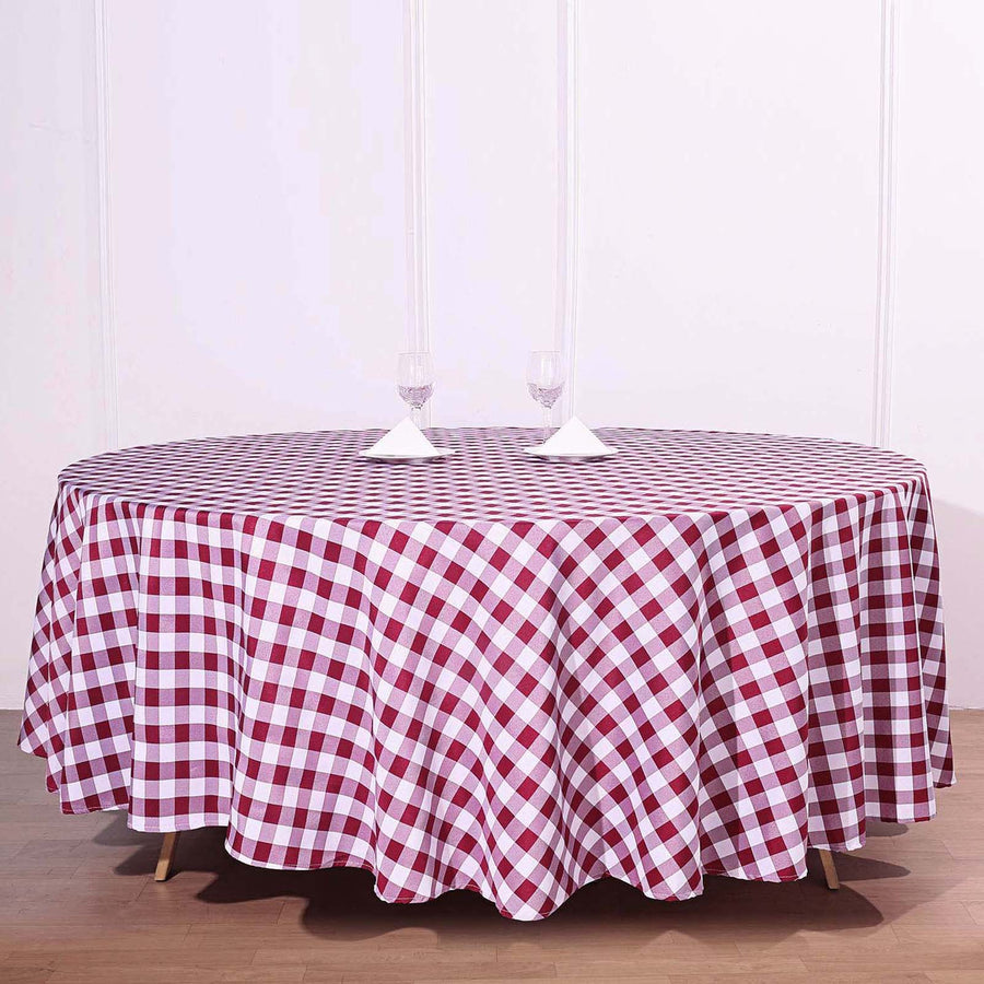 108 Inch Round White & Burgundy Checkered Gingham Polyester Buffalo Plaid Tablecloth