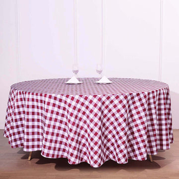White/Burgundy Seamless Buffalo Plaid Round Tablecloth, Checkered Gingham Polyester Tablecloth 108"