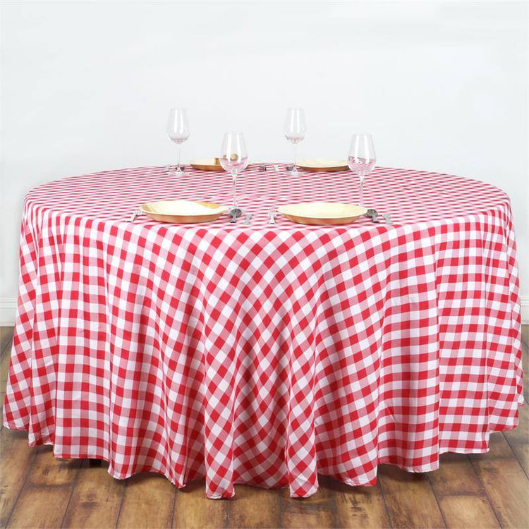 Round Buffalo Plaid 108 Inch White & Red Checkered Gingham Polyester Tablecloth