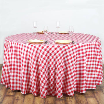 White/Red Seamless Buffalo Plaid Round Tablecloth, Checkered Gingham Polyester Tablecloth 108"