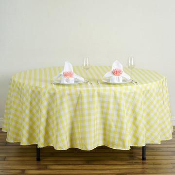 White/Yellow Seamless Buffalo Plaid Round Tablecloth, Checkered Gingham Polyester Tablecloth 108"