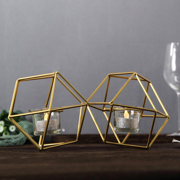 11" Long Gold Linked Geometric Tealight Candle Holder Set With Votive Glass Holders