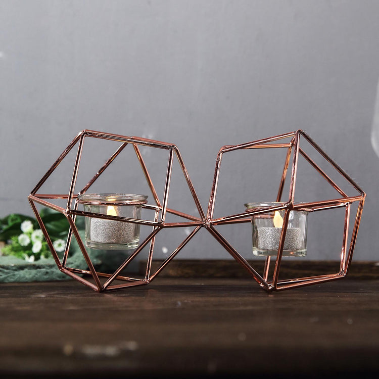 11 Inch Rose Gold Linked Metal Geometric Candle Holder Set with Votive Glass Holders