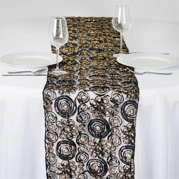 12"x108" Black / Gold Couture Tulle Satin Table Runner