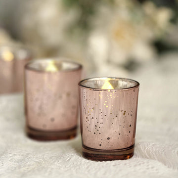 12 Pack Rose Gold Mercury Glass Candle Holders, Votive Tealight Holders - Speckled Design 2"