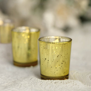 12 Pack | 2" Gold Mercury Glass Candle Holders, Votive Tealight Holders - Speckled Design