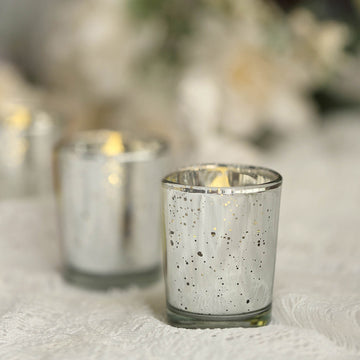 12 Pack | 2" Silver Mercury Glass Candle Holders, Votive Tealight Holders - Speckled Design