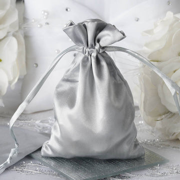 Elegant Silver Satin Drawstring Wedding Party Favor Gift Bags