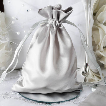 12 Pack | 5"x7" Silver Satin Drawstring Wedding Party Favor Gift Bags