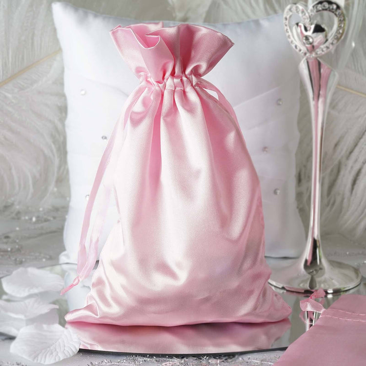 12 Pack | 6inch x 9inch Pink Satin Drawstring Wedding Party Favor Gift Bags