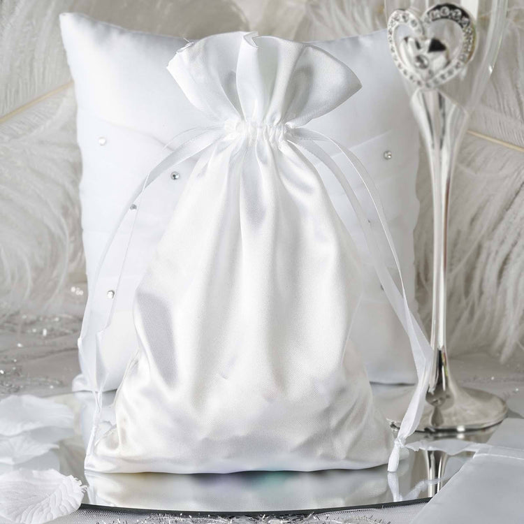 12 Pack | 6inch x 9inch White Satin Drawstring Wedding Party Favor Gift Bags