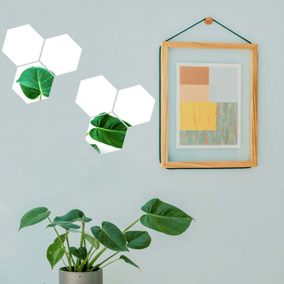 Decorative wall mirrors in hexagon shapes with plant reflections