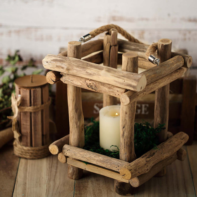 12" Rustic Multipurpose Wooden Lantern Centerpiece Hanging Candle Holder With Rope Handles