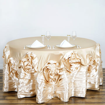 120" Champagne Seamless Large Rosette Round Lamour Satin Tablecloth