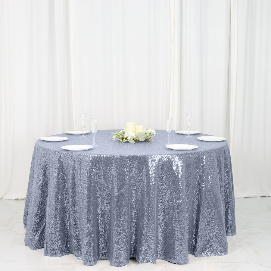 120 Inch Round Tablecloth With Dusty Blue Seamless Sequin