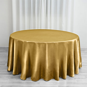 Gold Seamless Satin Round Tablecloth 120" for 5 Foot Table With Floor-Length Drop
