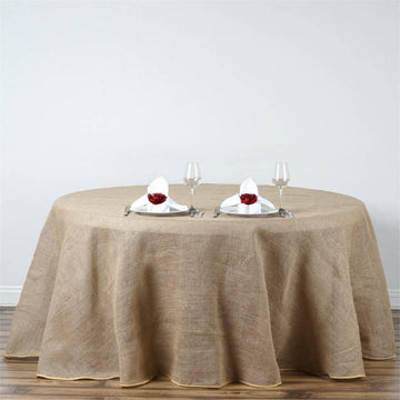 120" Natural Round Burlap Rustic Seamless Tablecloth | Jute Linen Table Decor