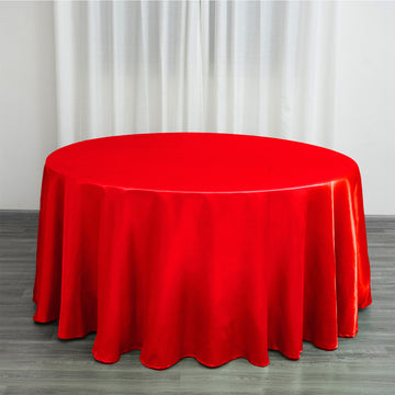 Red Seamless Satin Round Tablecloth 120" for 5 Foot Table With Floor-Length Drop