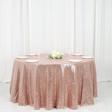 Elevate Your Event with the Rose Gold Seamless Premium Sequin Round Tablecloth 120