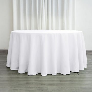 White Seamless Polyester Round Tablecloth 120" for 5 Foot Table With Floor-Length Drop