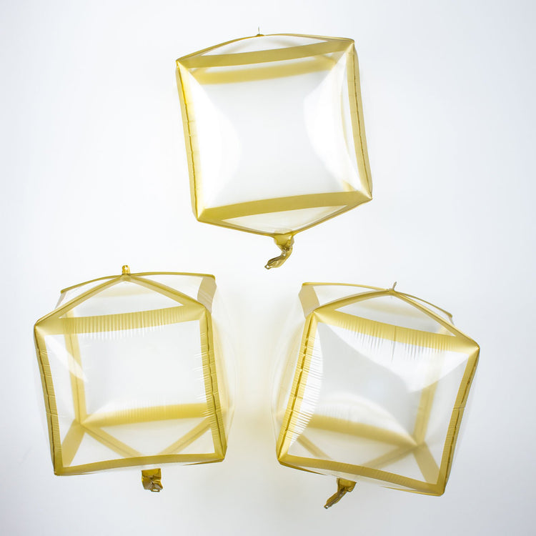 3 Pack 13 Inch 4d Clear And Gold Cube Mylar Balloons