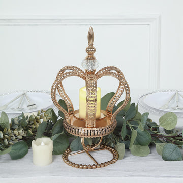 Gold Metal Crown Spiral Pillar Candle Holder Stand, Jeweled Votive Candle Centerpiece 13"