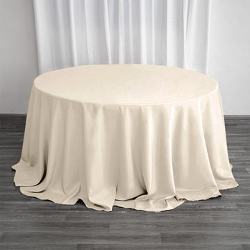 Beige Seamless Polyester Round Tablecloth 132" for 6 Foot Table With Floor-Length Drop