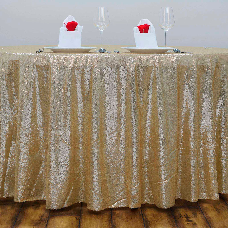 132inches Champagne Premium Sequin Round Tablecloth, Sparkly Tablecloth