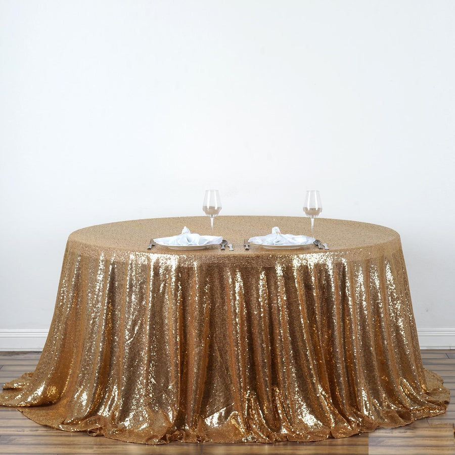 132Inches Gold Premium Sequin Round Tablecloth, Sparkly Tablecloth