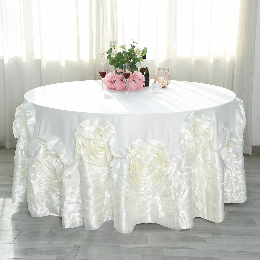 132 Inch Ivory Large Rosette Lamour Satin Round Tablecloth
