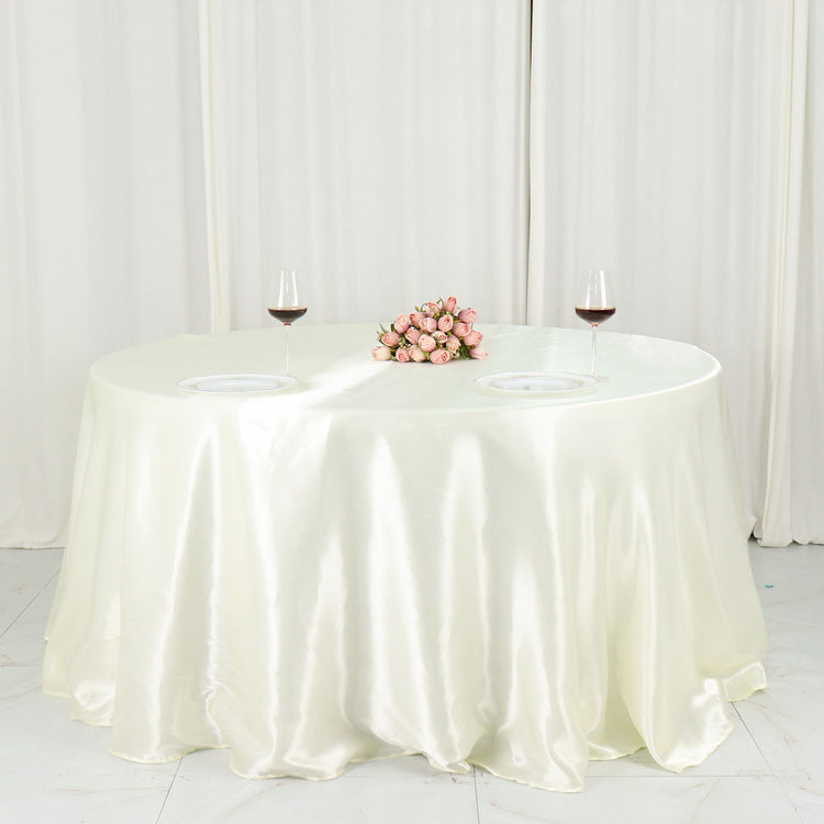 132 Inch Ivory Satin Round Tablecloth Seamless 