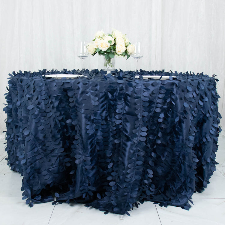 132inch Navy Blue 3D Leaf Petal Taffeta Fabric Round Tablecloth