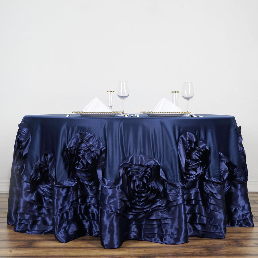 132 Inch Navy Blue Large Rosette Lamour Satin Round Tablecloth