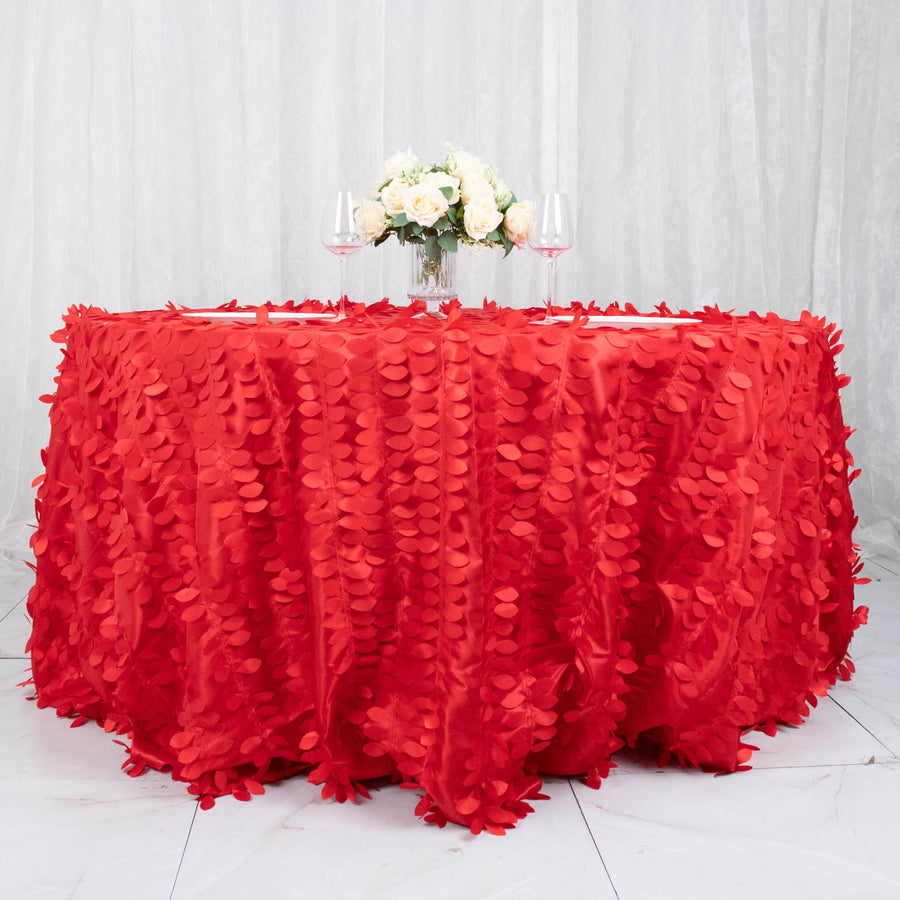 132 Inch - Red Round 3D Leaf Petal Design Taffeta Tablecloth