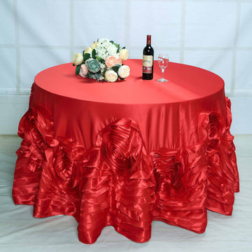 Red Seamless Large Rosette Round Lamour Satin Tablecloth 132"