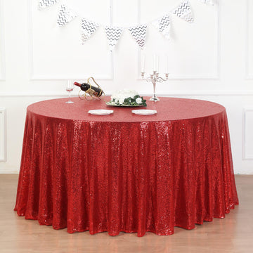 Add Elegance to Your Event with the Red Seamless Premium Sequin Round Tablecloth