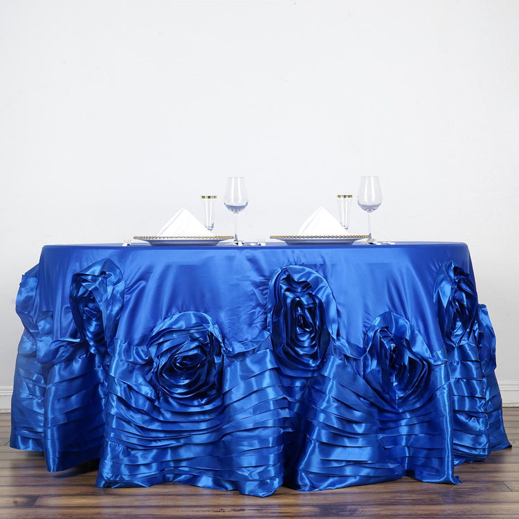 132 Inch Royal Blue Large Rosette Lamour Satin Round Tablecloth