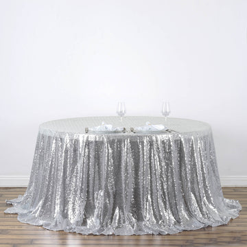 Silver Seamless Premium Sequin Round Tablecloth, Sparkly Tablecloth 132"