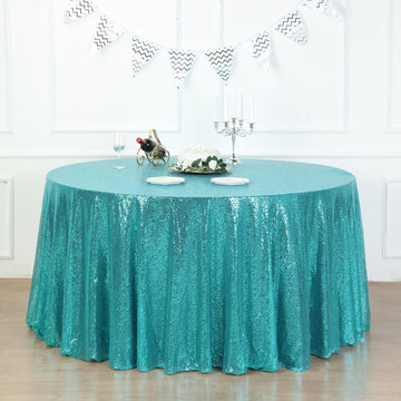 132" Turquoise Seamless Premium Sequin Round Tablecloth, Sparkly Tablecloth