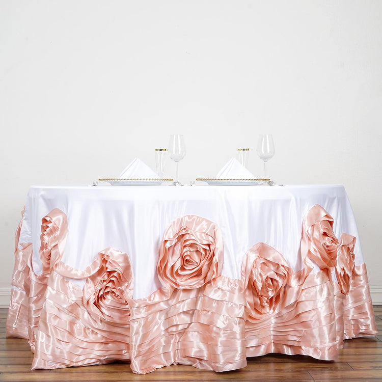 132 Inch White & Blush Large Rosette Lamour Satin Round Tablecloth